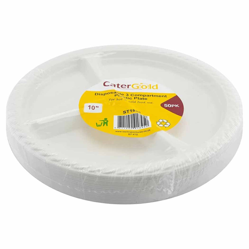 CaterGold 3 Compartments Reusable Plastic Plate 10" 50pk