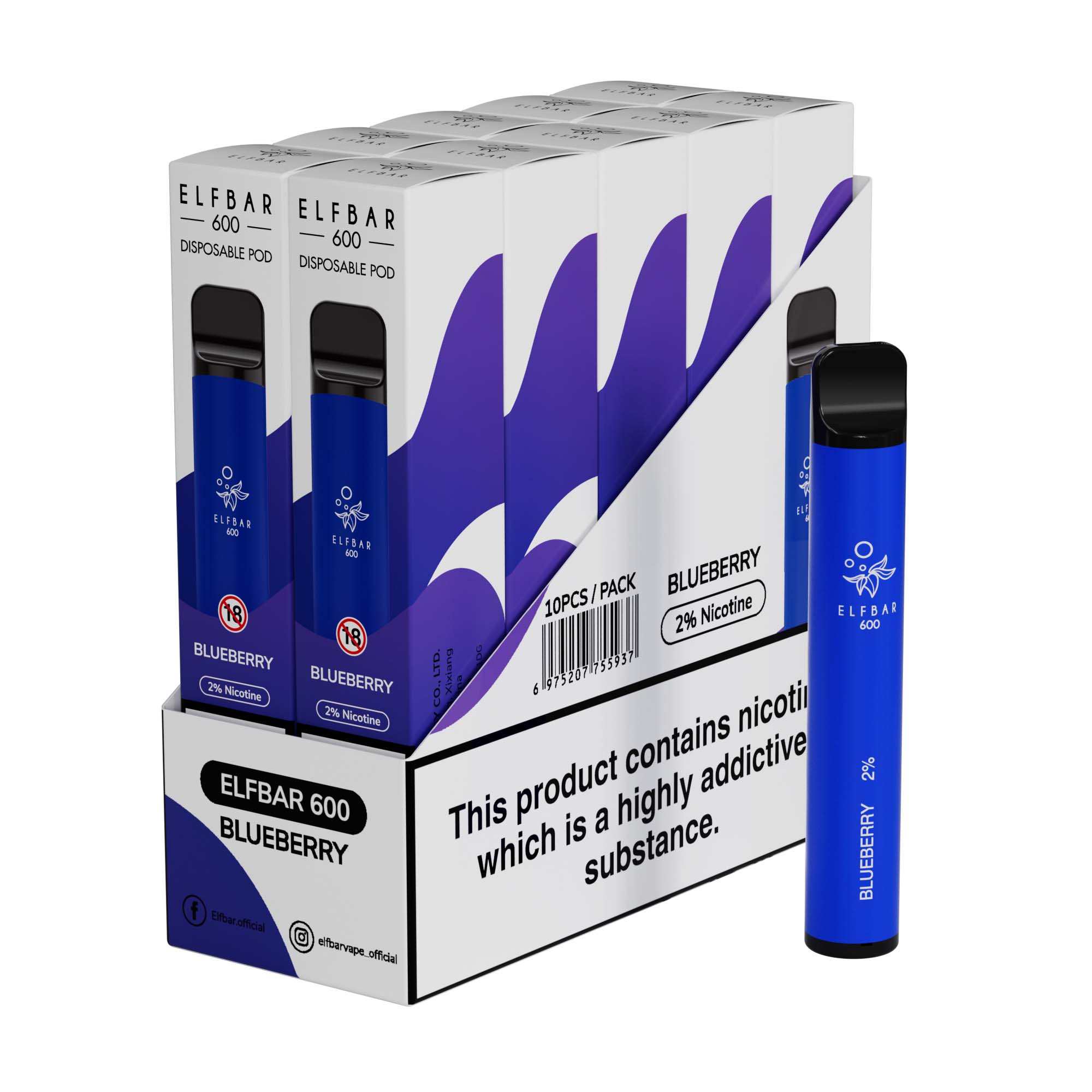 Elf Bar 600 Disposable Vape Device 20mg (Pack of 10)