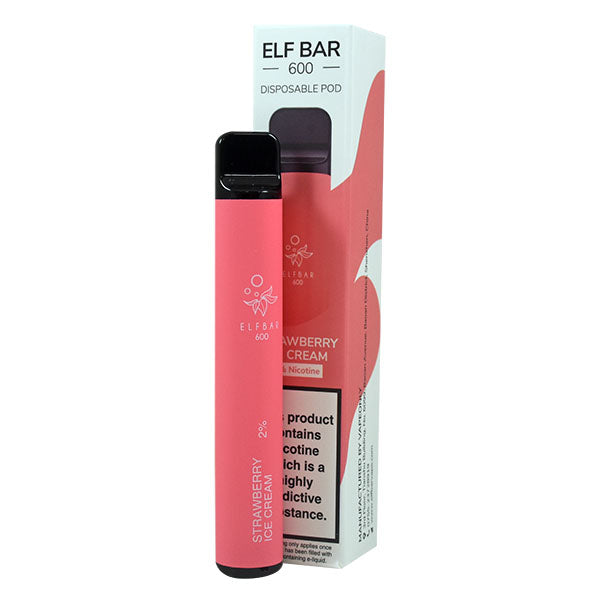 Elf Bar 600 Disposable Pod Device 20mg - Strawberry Snoww (Strawberry Ice Cream)