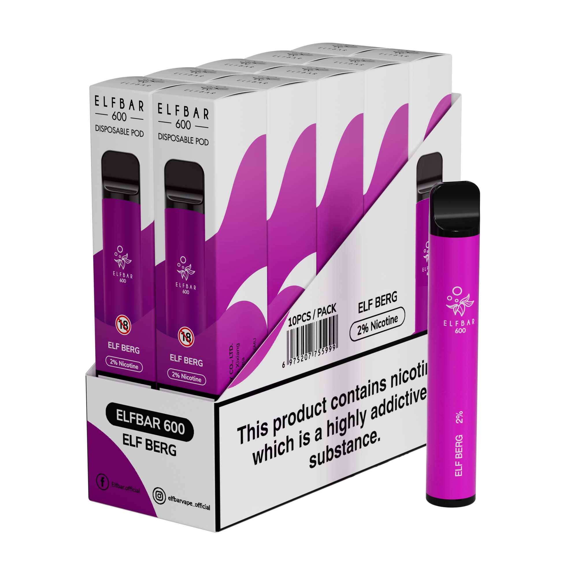 Elf Bar 600 Disposable Vape Device 20mg (Pack of 10)