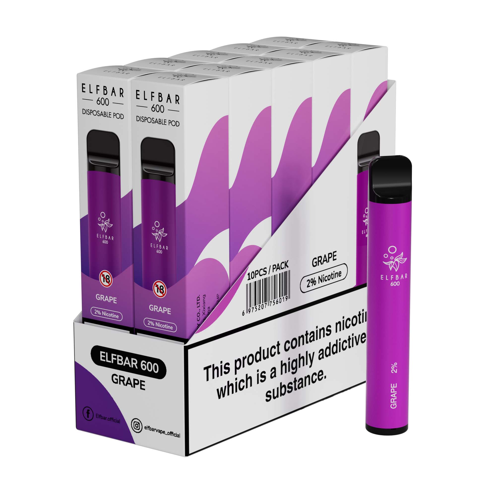 Elf Bar 600 Disposable Vape Device 20mg (Pack of 10)