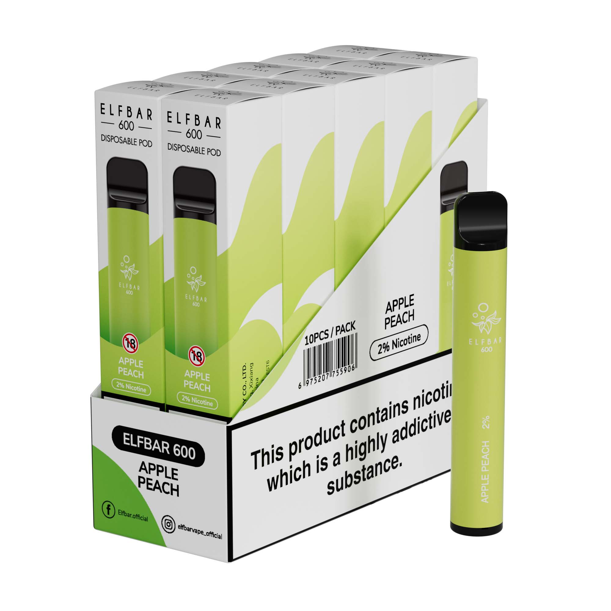 Elf Bar 600 Disposable Vape Device 20mg (Pack of 10)