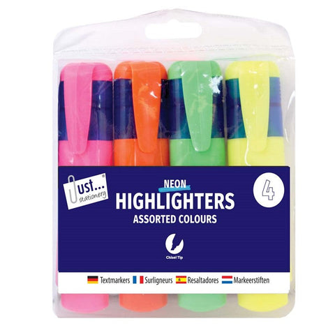 Just Stationery Chunky Neon Highlighters Assorted Colours 4pk